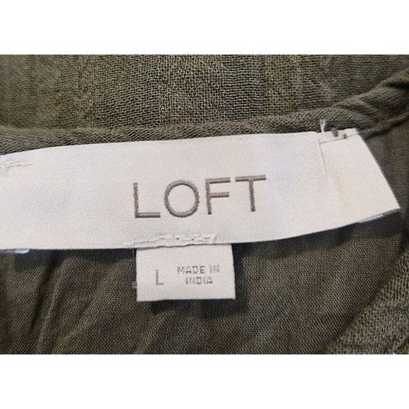 LOFT Olive Green Gauze Embroidered Dress L Boho Flutter Sleeve Shift Cotton - Picture 5 of 6